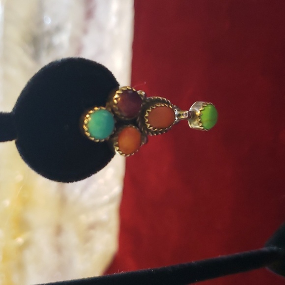 Vintage Handcrafted Signed Navaho Silver Multi Stone Post Earrings - Picture 2 of 12